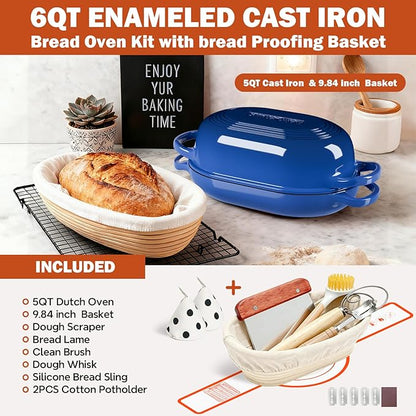 Enameled Cast Iron Dutch Oven for Bread Baking - incl. Sourdough Bread-Baking Supplies like Banneton Bread-Proofing Basket - 5QT Loaf Cast Iron Bread Oven Pan with Lid Meatloaf Pan with Lid, Sour Sough Tools, Lame(Blue） - Image 3