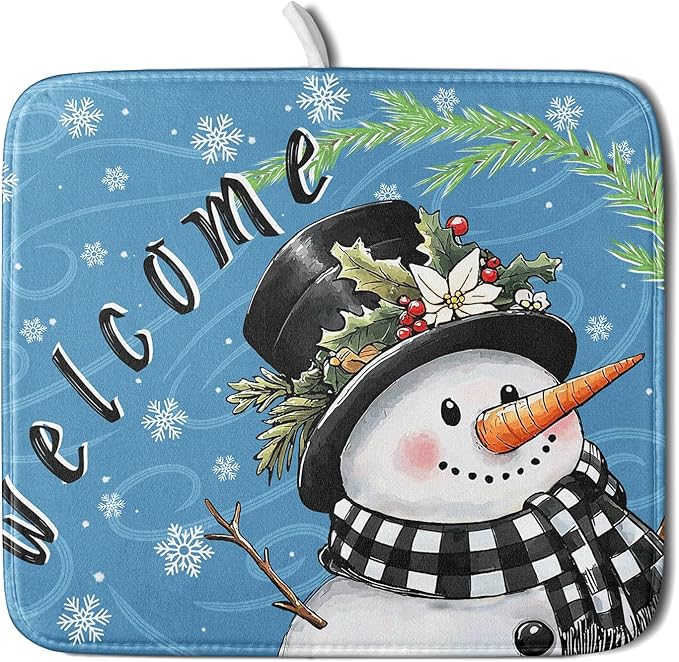 Christmas Snowman Dish Drying Mat for Kitchen Counter 16x18 Blue White Snowflake Welcome Winter Holiday Absorbent Reversible Microfiber Drying Mats Kitchen Countertop Protector Dishes Drainer Rack Pad by Aytipun