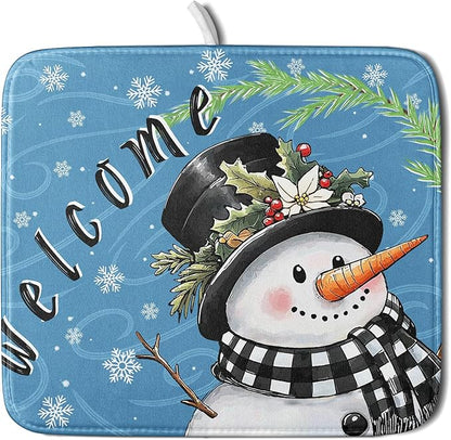 Christmas Snowman Dish Drying Mat for Kitchen Counter 16x18 Blue White Snowflake Welcome Winter Holiday Absorbent Reversible Microfiber Drying Mats Kitchen Countertop Protector Dishes Drainer Rack Pad by Aytipun