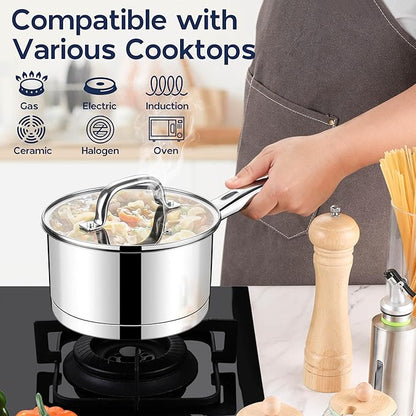 LIANYU Stainless Steel Saucepan Set of 2, 2QT & 3QT Sauce Pan with Tempered Glass Lid, Tri-Ply Bottom Small Cooking Pot, Oven & Dishwasher Safe