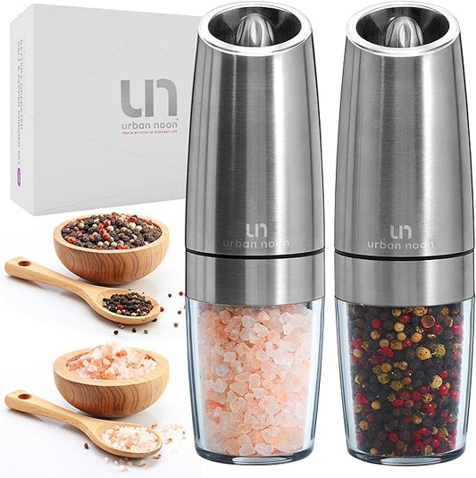 Urban Noon Gravity Salt and Pepper Grinder Set - Battery Operated Stainless Steel Mills with Light (2 Grinders) - Automatic One Handed Operation - Electric Adjustable Shakers - Ceramic Grinders by urbannoon