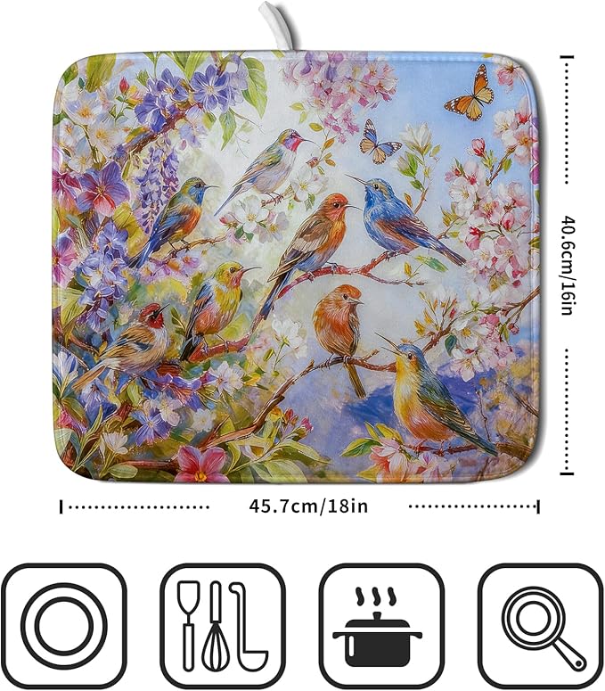 Spring Bird Dish Drying Mats for Kitchen Counter Floral Small Dish Drying Pad Season Decor - Image 2
