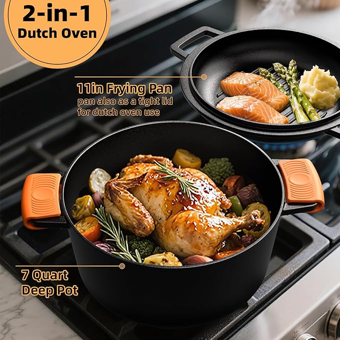 2-in-1 Pre-Seasoned Cast Iron Double Dutch Oven Pot with Skillet Lid & Silicone Sleeves – Raised Rib Skillet Lid– Umite Chef 7QT Cast Iron Skillet Cookware Pan Set wirh Dual Handles – Oven, Grill, Campfire & Stovetop Safe –PFAS-Free - Image 5