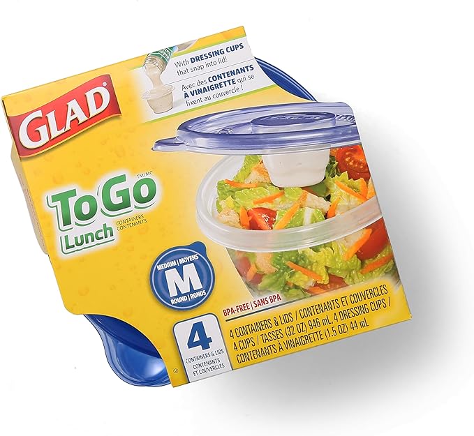 Glad GladWare To Go Lunch Food Storage Containers with Lids, Medium Round BPA Free Plastic with Built-In Dressing Cup for Salads and Lunches, Microwave Dishwasher Safe, 32 Oz, 4 Count - 6 Pack - Image 3