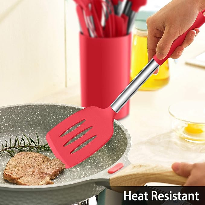 LIANYU 15-Piece Cooking Kitchen Utensils Set with Holder, Silicone Kitchen Tools Stainless Steel Handle, Slotted Spatula Spoon Turner Tong Whisk Brush for Cooking, Red - Image 5