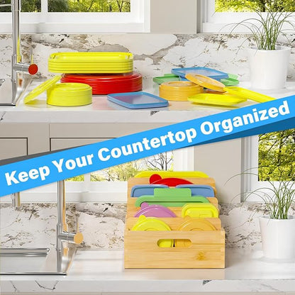 Kiasthome Bamboo Lid Organizers Inside Cabine, Kitchen Cabinet Organizer with 5 Adjustable Dividers, Food Container Plastic Holders for Drawer Pantry, Nature - Image 6