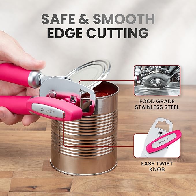 Zulay Kitchen Heavy Duty Stainless Steel Can Opener Manual with Bottle Opener - Rust Proof Manual Can Opener With Turn Knob & Comfy Soft Grip Handles - Dragonfruit - Image 4