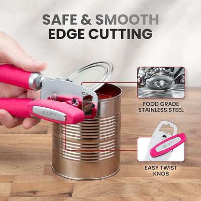 Zulay Kitchen Heavy Duty Stainless Steel Can Opener Manual with Bottle Opener - Rust Proof Manual Can Opener With Turn Knob & Comfy Soft Grip Handles - Dragonfruit - Image 4