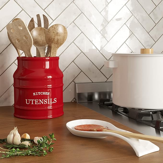 Barnyard Designs Ceramic Farmhouse Utensil Holder for Kitchen Counter, Large Rustic Utensil Crock, Countertop Cooking Tool Spatula Organizer, 6.75” (Red) - Image 4