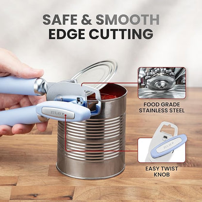 Zulay Kitchen Heavy Duty Stainless Steel Can Opener Manual with Bottle Opener - Rust Proof Manual Can Opener With Turn Knob & Comfy Soft Grip Handles - Light Blue - Image 4