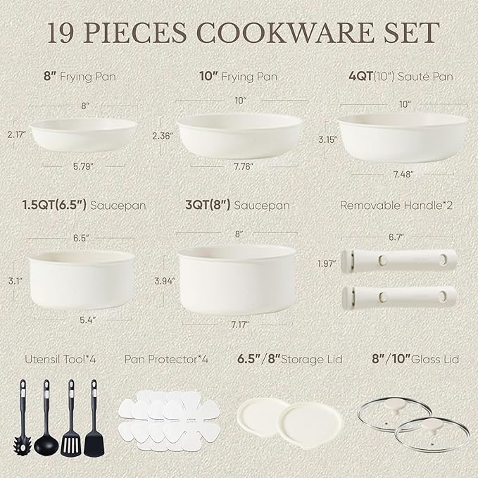 CAROTE 19pcs Pots and Pans Set, Nonstick Cookware Set Detachable Handle, Induction Kitchen Cookware Sets Non Stick with Removable Handle, RV Cookware Set, Oven Safe - Image 2
