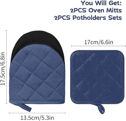 Oven Mitts and Pot Holders Set, Pack of 4, Heat Resistant Silicone Kitchen Mini Oven Mittens for 500 Degrees, Mini Oven Gloves and Hot Pads for Baking Grilling Barbecue Microwave Machine Washable