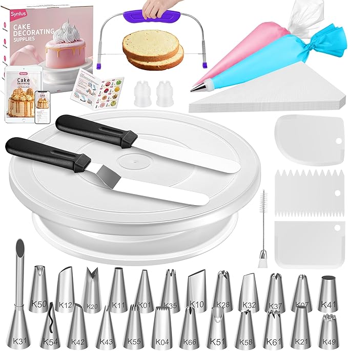 Syntus 65 PCs Cake Decorating Kit with Cake Stand Turntable, Cake Baking Supplies 30+1 Piping Bags, 24 Piping Tips, Offset & Straight Spatulas, 3 Scrapers, Leveler, 2 Couplers & 1 Tips Brush by Syntus