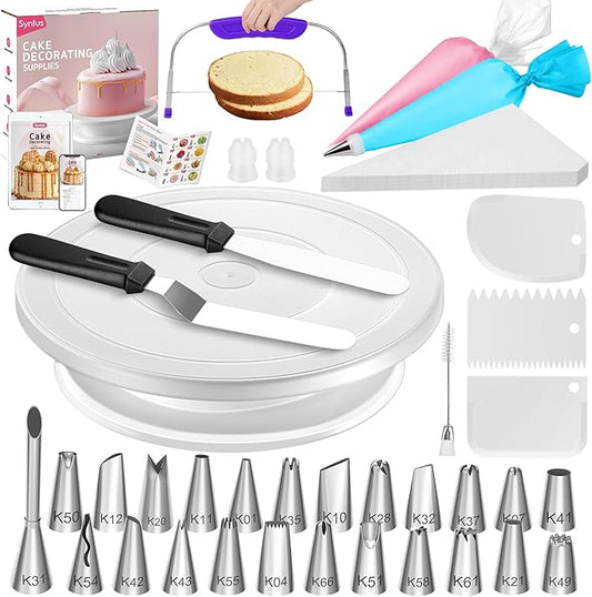 Syntus 65 PCs Cake Decorating Kit with Cake Stand Turntable, Cake Baking Supplies 30+1 Piping Bags, 24 Piping Tips, Offset & Straight Spatulas, 3 Scrapers, Leveler, 2 Couplers & 1 Tips Brush by Syntus