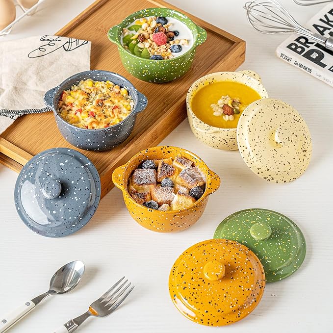 Stoneware Baking Ramekins Set of 4-10 Oz Mini Cocotte with Handles & Lids - Perfect for Oven Baking Souffle, Soup, Cobbler, Individual Serving Casserole Dishes, Orange
