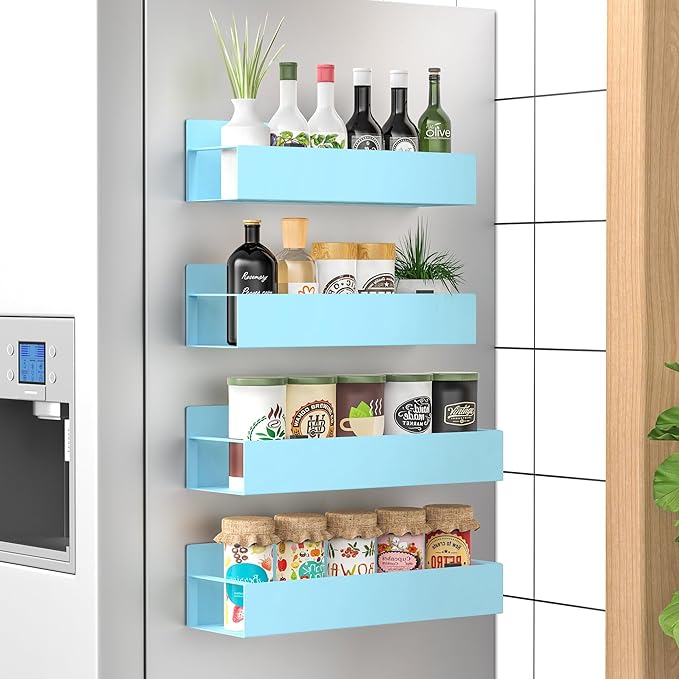HuggieGems 4 Pack Magnetic Spice Storage Rack Organizer for Refrigerator and Oven, Blue Fridge Organizers and Storage by HuggieGems