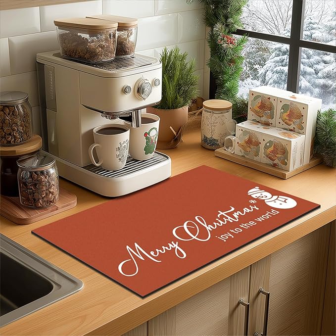 Findosom Christmas Dish Drying Mat, 12" x 20" Super Absorbent & Cuttable Dish Mat with Hello Sunshine Pattern, Hide Stain Drying Mat for Kitchen Counter Coffee Maker Dining Room Decoration, Red - Image 3