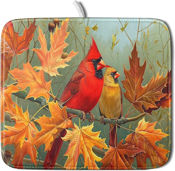 Giwawa Fall Birds Dish Drying Mat 16x18 Inch Autumn Maple Leaf Tree Dish Drainer Mats Thanksgiving Decorative Microfiber Reversible Dish Drying Rack Pad Small for Kitchen Countertop Tabletop