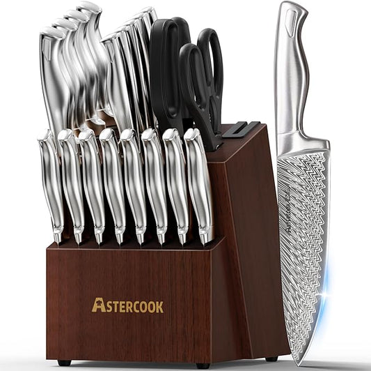 Knife Set, Astercook 21 Pieces Kitchen Knife Set with Built-in Sharpener, German Stainless Steel Knife Block Set, Razor-Sharp Knives with Full-tang Handle, Dishwasher Safe, Mothers Day Gifts by Astercook