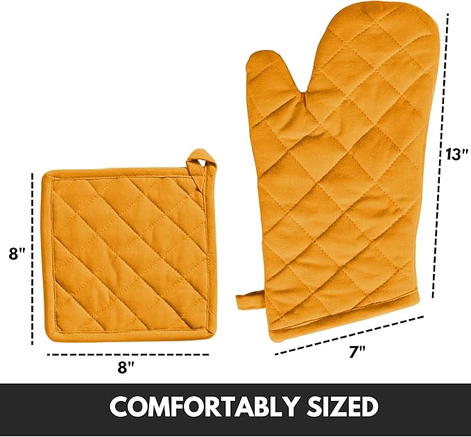 Oven Mitt (7"x13") & Pot Holder (8"x8") 100% Cotton Set of Heat Resistant Oven Gloves & Hot Pads for Gifts, BBQ, Cooking, Baking, Thanksgiving - Mustard Yellow
