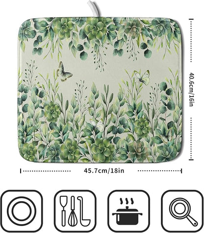 Giwawa Spring Summer Leaf Dish Drying Mat for Countertop, 16"x18" Eucalyptus Leaves Butterfly Dish Drainer Mats, Sage Green Fast Dry Microfiber Large Dish Drying Pad Decoration