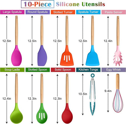 E-far Silicone Cooking Utensils Set, 10-Piece Kitchen Utensils Set with Wooden Handle for Nonstick Cookware, Heat Resistant Kitchen Nonstick Tools Spatula Whisk Ladle, Non-toxic & Healthy - Colorful - Image 2