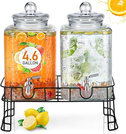 Honeydak 4.6 Gallon Glass Beverage Dispenser with Stand Stainless Steel Spigot Glass Lid Clear Iced Juice Container Leakproof Drink Dispenser Countertop Lemonade Water Jar for Wedding Party (2 Pack)