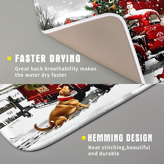 Christmas Red Truck Dish Drying Mat for Kitchen Counter 16x18 Inch Xmas Tree Snowman Dog Winter Print Absorbent Reversible Microfiber Drying Mats Kitchen Countertop Protector Dishes Drainer Rack Pad - Image 3