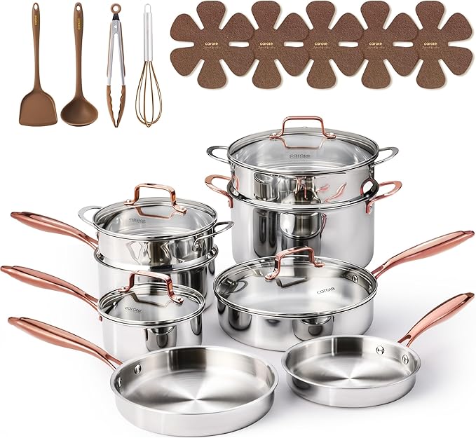 CAROTE 21pcs Tri-Ply Stainless Steel Cookware Set, Pots and Pans Set, Non Toxic Induction Kitchen Cooking Sets, Cookware Collection, Mirror Polish, Gold by CAROTE