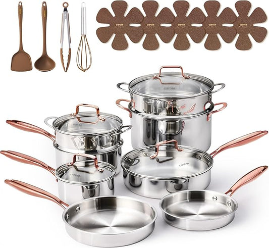 CAROTE 21pcs Tri-Ply Stainless Steel Cookware Set, Pots and Pans Set, Non Toxic Induction Kitchen Cooking Sets, Cookware Collection, Mirror Polish, Gold by CAROTE