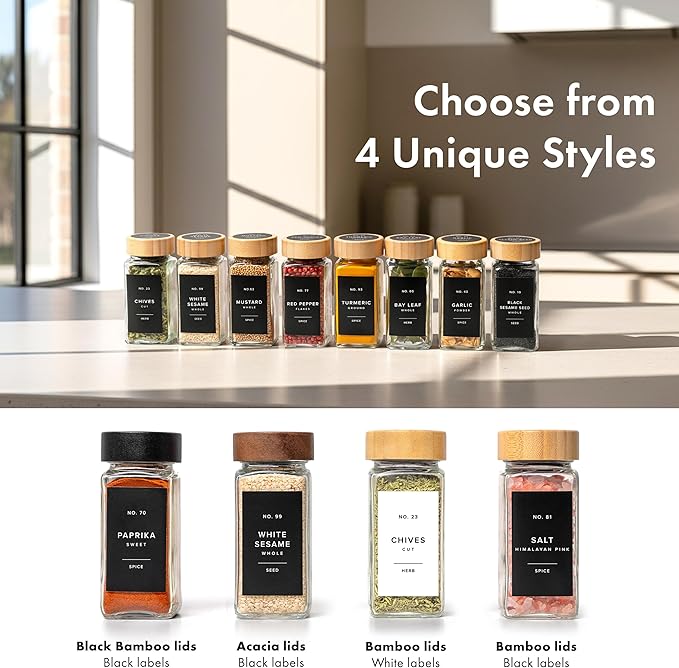 EDELHAUS® Square Spice Jars with Bamboo Wooden Lid (Pack of 24) Spice Jars with Shaker Insert and 240 Labels - Bamboo Lid Glass Container for Spice Organisation [4.3 in × 1.8 in] - Image 10