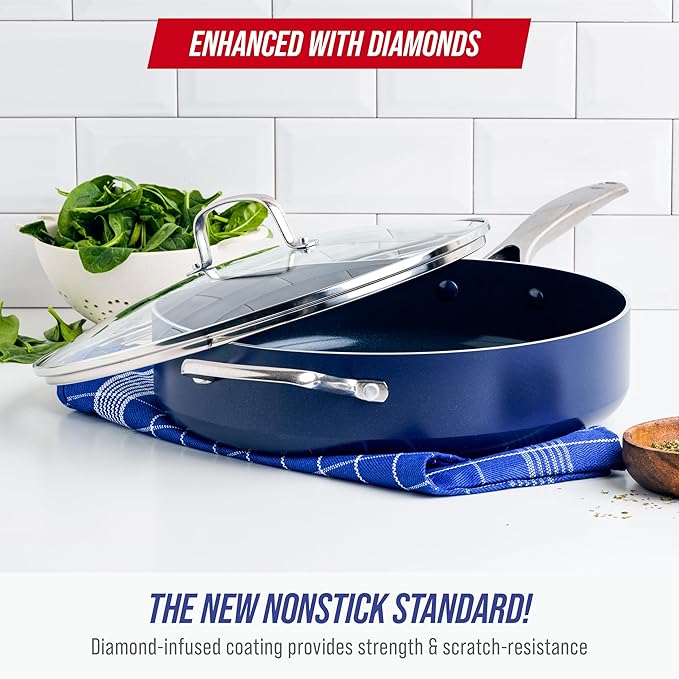Blue Diamond 5QT Saute Pan with Lid, Non Toxic PFAS-Free Diamond Ceramic Nonstick, Dishwasher & Oven Safe, Metal Utensil Safe, Deep Jumbo Cooker Skillet with Helper Handle, Glass Lid, Blue - Image 2
