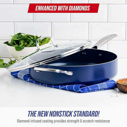 Blue Diamond 5QT Saute Pan with Lid, Non Toxic PFAS-Free Diamond Ceramic Nonstick, Dishwasher & Oven Safe, Metal Utensil Safe, Deep Jumbo Cooker Skillet with Helper Handle, Glass Lid, Blue - Image 2