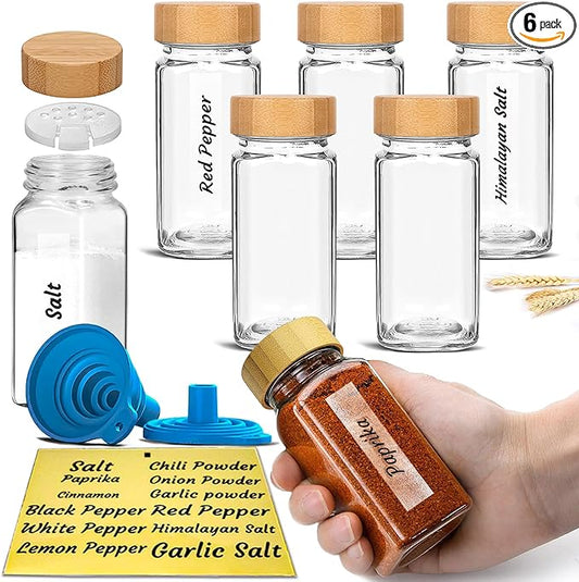 Glass Spice Jars with Bamboo Airtight Lids - (6 Pack) - 4 oz Square Spice Bottles with Shaker Lids - Clear Empty Shaker Seasoning Jars with Preprinted Spice Jars Labels and Collapsible Funnel Included by MEM+WORLDSHOP