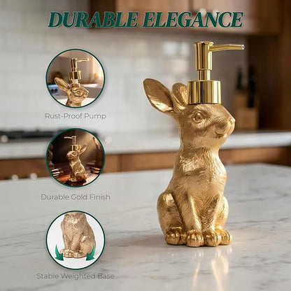 Gold Bunny Soap Dispenser Set of 2 – Vintage Rabbit Hand & Dish Soap Dispensers for Kitchen Sink & Bathroom Vanity – Rust Proof Pump Lotion Bottles – Resin Animal Statues Home Decor, 8oz