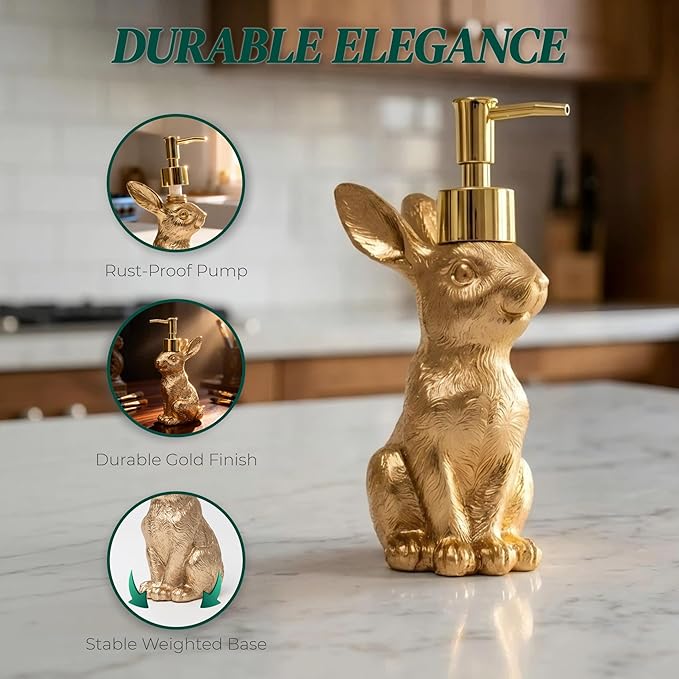 Gold Bunny Soap Dispenser – Vintage Rabbit Hand & Dish Soap Dispenser for Kitchen Sink & Bathroom Vanity – Rust Proof Pump Lotion Bottle – Resin Animal Statues Home Decor & Easter Decorations, 8oz