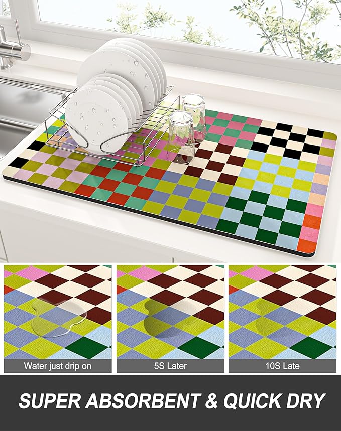 Rnivvi Dish Drying Mat for Kitchen Counter, XL 15 x 24" Cute Checkered Absorbent Draining Pad, Non-Slip Heat Resistant Coffee Bar Mats for Coffee Machine Station Accessories, Colorful Dish Rack Pad - Image 3