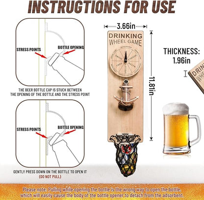 Magnetic Bottle Openers with Catcher, Wall Mounted Wooden Beer Bottle Opener with Game Roulette, Boat Anchor Corkscrew, Home Bar Accessories for Kitchen, Outdoor, Ideal Beer Gifts for Men (Style 10)
