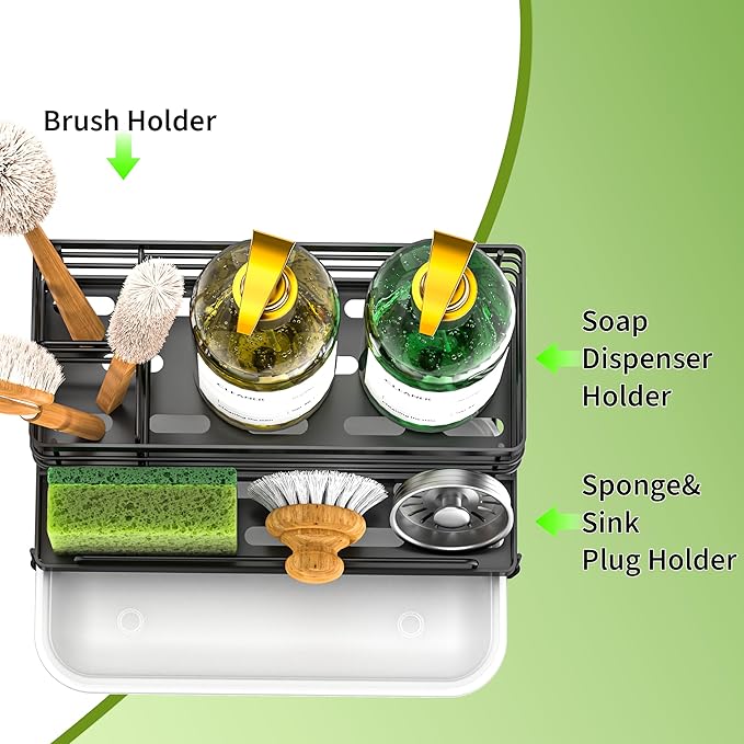 Cisily Black Sponge Holder for Kitchen, Sink Caddy Sink Organizer Rack for Kitchen Accessories with Drip Tray, Rustproof and Non-slip, Soap Dispenser Countertop Organizer Essentials for New Home - Image 6