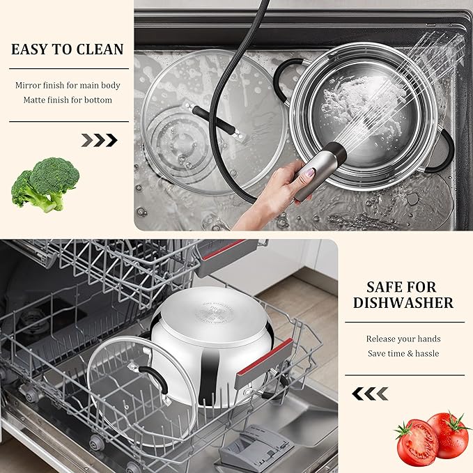 E-far 6 QT Stainless Steel Pot, Stock Cooking Pot with Visible Lid for Simmering Soup Pasta, Tri-Ply Thick Base for Induction Gas, Dual Silicone Handles for Heat Proof, Non-Toxic & Dishwasher Safe - Image 7