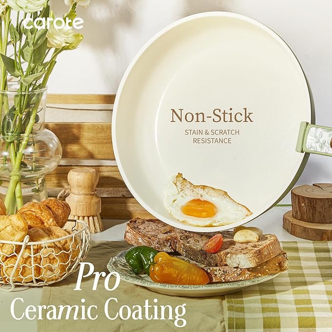 CAROTE 25-Piece Ceramic Cookware Set, Nonstick Pots and Pans Set with Detachable Handle, Non-Toxic Kitchen Cooking Set, Dishwasher & Oven Safe, Induction Compatible, PFAS Free, Green - Image 3