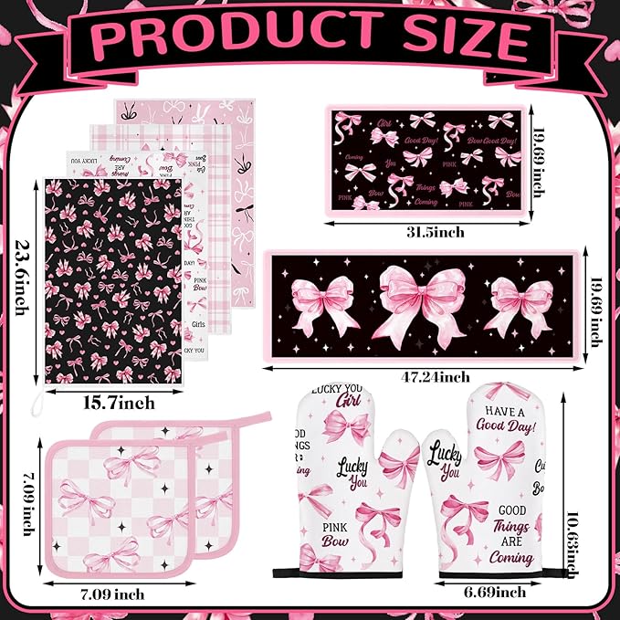 Fourluoo 10 Pcs Bow Kitchen Dish Towels Rugs Oven Mitts and Pot Holders Set Farmhouse Kitchen Decor Set for Women Mom Daughter Gift Cooking Baking Grilling(Black, Pink)