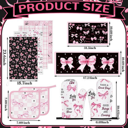 Fourluoo 10 Pcs Bow Kitchen Dish Towels Rugs Oven Mitts and Pot Holders Set Farmhouse Kitchen Decor Set for Women Mom Daughter Gift Cooking Baking Grilling(Black, Pink)