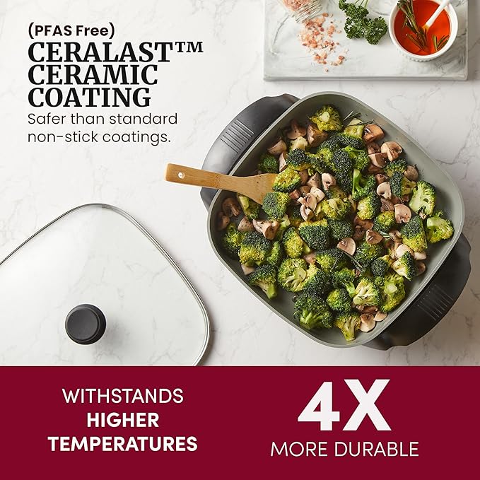 Elite Gourmet 12"x12"x2.15” Ceralast™ PFAS Free Ceramic Electric Skillet, Dishwasher Safe, Rapid Heat Up, 1200W, Dark Grey - Image 2