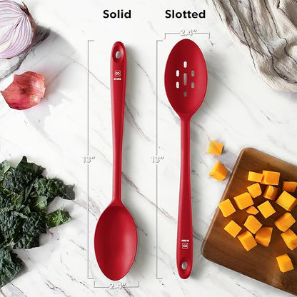 DIORO Silicone Mixing & Serving Spoons - Large Heat-Resistant Non Stick Utensils Big Solid & Slotted Basting & Stirring Spoons - Dishwasher Safe (2pc, Red) - Image 6