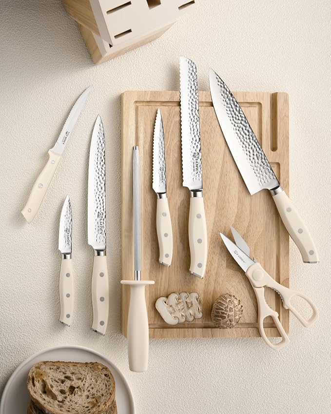 Kitchen Knife Set,14-Piece Knife Set With Block Wooden, Self Sharpening For Chef Knife Set, High Carbon German Stainless Steel Hammered Collection Knife Block Set, Dishwasher Safe Cutlery, Cream - Image 6