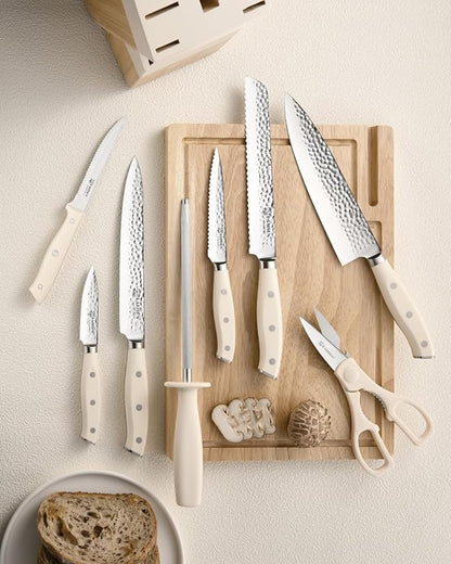 Kitchen Knife Set,14-Piece Knife Set With Block Wooden, Self Sharpening For Chef Knife Set, High Carbon German Stainless Steel Hammered Collection Knife Block Set, Dishwasher Safe Cutlery, Cream - Image 6
