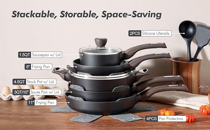 SENSARTE Pots and Pans Set Non stick, Non toxic Healthy Induction Cookware Sets, 14 Pcs Non Stick Kitchen Cooking Set with Frying Pans Set & Saucepan, PFOA PFOS APEO Free, Black - Image 9