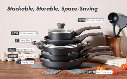 SENSARTE Pots and Pans Set Non stick, Non toxic Healthy Induction Cookware Sets, 14 Pcs Non Stick Kitchen Cooking Set with Frying Pans Set & Saucepan, PFOA PFOS APEO Free, Black - Image 9