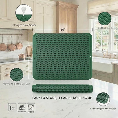 MicoYang Silicone Dish Drying Mat for Multiple Usage,Easy clean,Eco-friendly,Heat-resistant Silicone Mat for Kitchen Counter or Sink,Refrigerator or drawer liner Green L 16 inches x 12 inches - Image 2